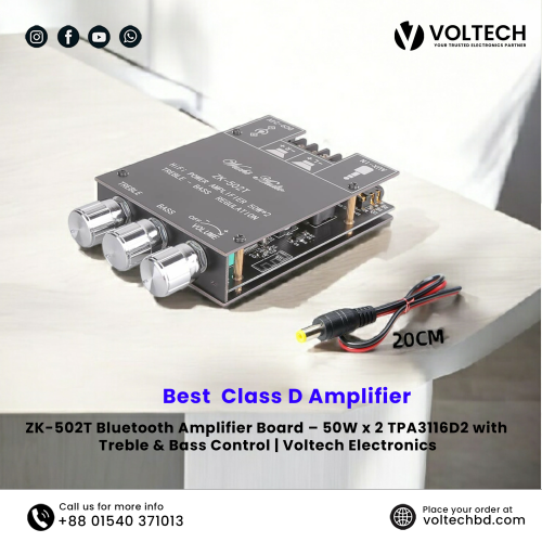 Wuzhi Audio ZK-502T + App Bluetooth Amplifier Board – 50W x 2, Treble &amp; Bass Control | Voltech Electronics