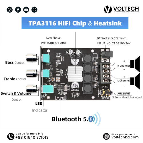 Wuzhi Audio ZK-502T + App Bluetooth Amplifier Board – 50W x 2, Treble &amp; Bass Control | Voltech Electronics