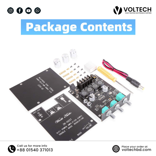 Wuzhi Audio ZK-502T + App Bluetooth Amplifier Board – 50W x 2, Treble &amp; Bass Control | Voltech Electronics