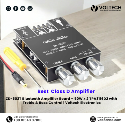 Wuzhi Audio ZK-502T + App Bluetooth Amplifier Board – 50W x 2, Treble &amp; Bass Control | Voltech Electronics