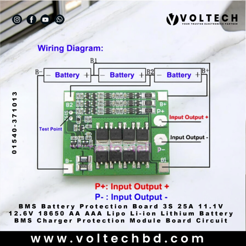 BMS Battery Protection Board 3S 25A – 11.1V / 12.6V for 18650, Li-ion, Lipo, AA, AAA Cel